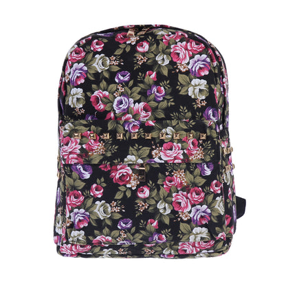 Floral Rivet Canvas Backpack, Vintage Style Daypack for Women