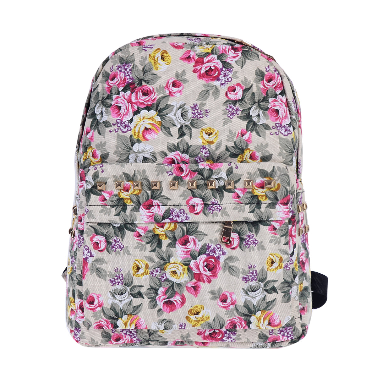 Floral Rivet Canvas Backpack, Vintage Style Daypack for Women