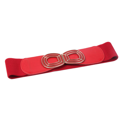 Women's Wide Elastic Waist Belt with Geometric Metal Buckle