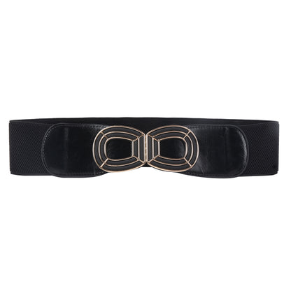 Women's Wide Elastic Waist Belt with Geometric Metal Buckle