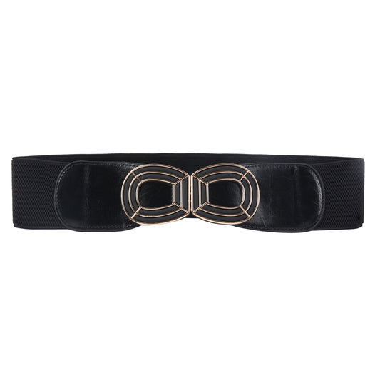 Women's Wide Elastic Waist Belt with Geometric Metal Buckle