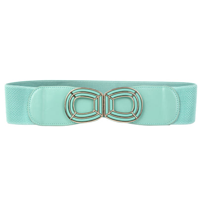 Women's Wide Elastic Waist Belt with Geometric Metal Buckle